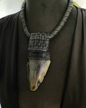 Load image into Gallery viewer, Leather &amp; Megaladon Tooth Lattice Necklace