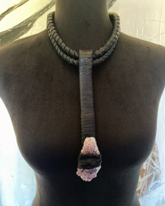 Black Leather & Amethyst Drop Necklace (SALE)