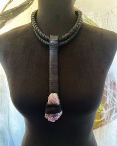 Black Leather & Amethyst Drop Necklace (SALE)