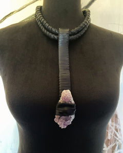 Black Leather & Amethyst Drop Necklace (SALE)