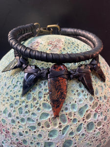 Black Leather & Obsidian Necklace w/ Rattlesnake Vertebrae