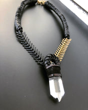 Load image into Gallery viewer, Black Leather &amp; Clear Quartz Necklace w/ Spine Chain