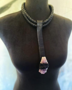 Black Leather & Amethyst Drop Necklace (SALE)