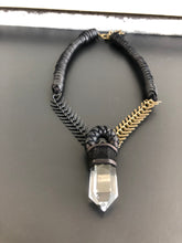 Load image into Gallery viewer, Black Leather &amp; Clear Quartz Necklace w/ Spine Chain