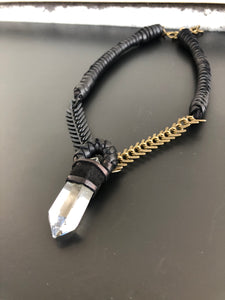 Black Leather & Clear Quartz Necklace w/ Spine Chain