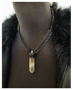 Black Leather & Prasiolite Quartz Necklace