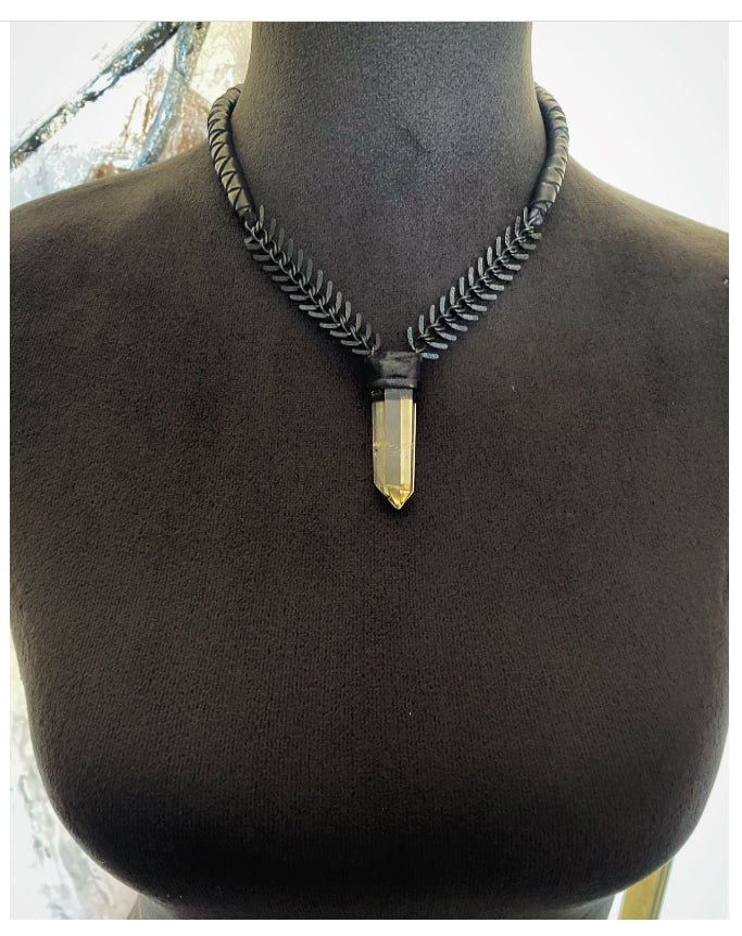 Black Chain & Citrine Necklace w/ Leather