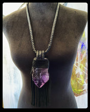 Load image into Gallery viewer, Black Leather Fringe &amp; Amethyst Necklace (SALE)