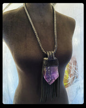 Load image into Gallery viewer, Black Leather Fringe &amp; Amethyst Necklace (SALE)