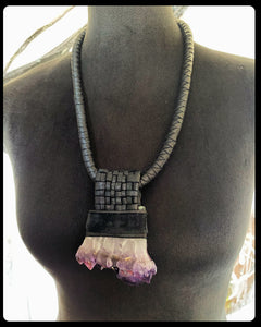 Black Leather & Amethyst Necklace