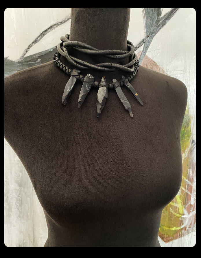 A Black Leather & Obsidian Twisted Necklace