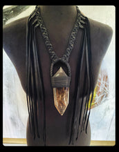 Load image into Gallery viewer, Black Leather &amp; Smokey Quartz Fringe Necklace