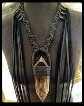 Load image into Gallery viewer, Black Leather &amp; Smokey Quartz Fringe Necklace