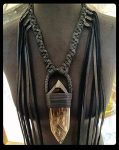 Black Leather & Smokey Quartz Fringe Necklace