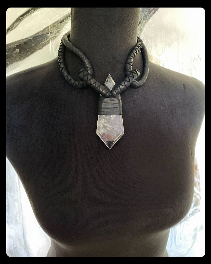 Black Leather & Clear Quartz Necklace