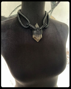Black Leather & Smokey Quartz Choker Necklace