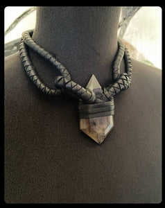 Black Leather & Smokey Quartz Choker Necklace