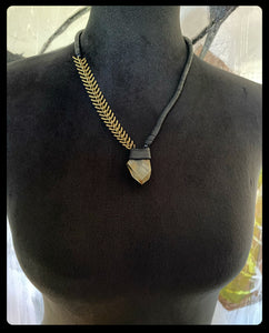 Brass Spine Chain & Rutile Necklace w/ Leather