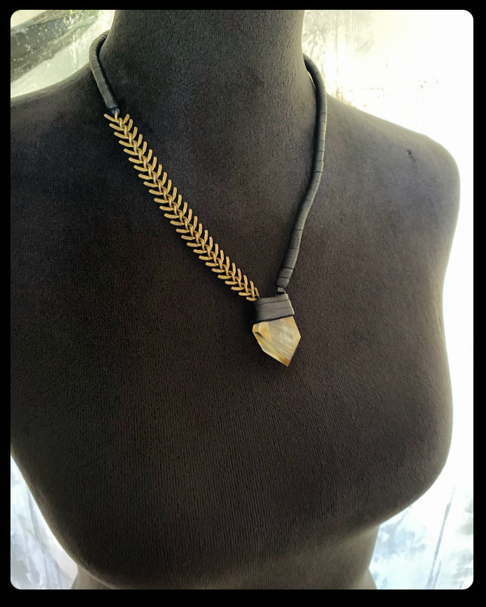 Brass Spine Chain & Rutile Necklace w/ Leather