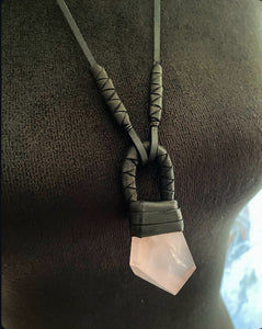 Black Leather & Rose Quartz Necklace(SALE)