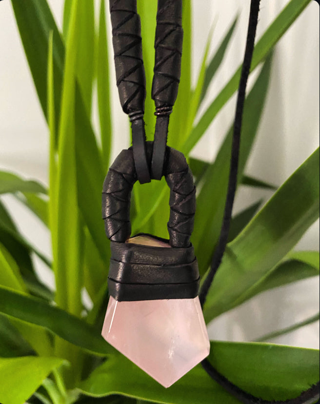 Black Leather & Rose Quartz Necklace(SALE)