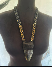 Load image into Gallery viewer, Leather &amp; Megaladon Tooth Braided Necklace