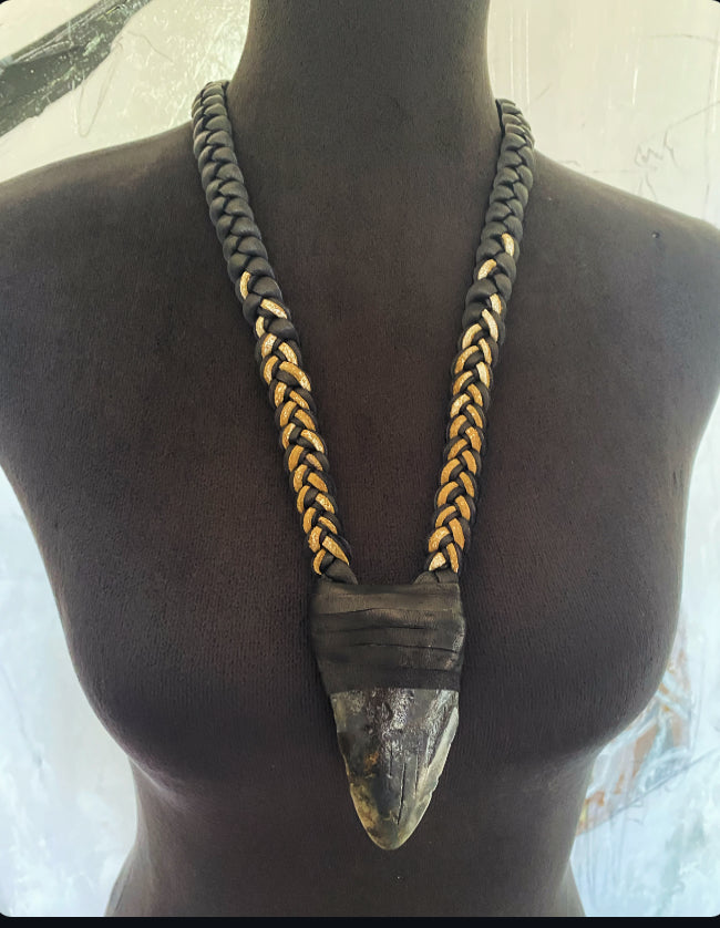 Leather & Megaladon Tooth Braided Necklace