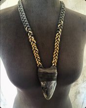 Load image into Gallery viewer, Leather &amp; Megaladon Tooth Braided Necklace