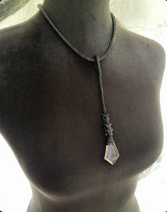 A Black Leather & Quartz Drop Necklace w/ Rattlesnake Vertebrae