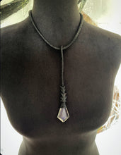 Load image into Gallery viewer, A Black Leather &amp; Quartz Drop Necklace w/ Rattlesnake Vertebrae