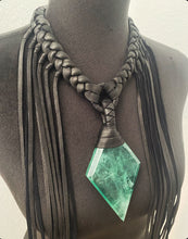 Load image into Gallery viewer, Black Leather &amp; Diamond Fluorite Fringe Necklace