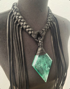 Black Leather & Diamond Fluorite Fringe Necklace