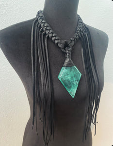 Black Leather & Diamond Fluorite Fringe Necklace