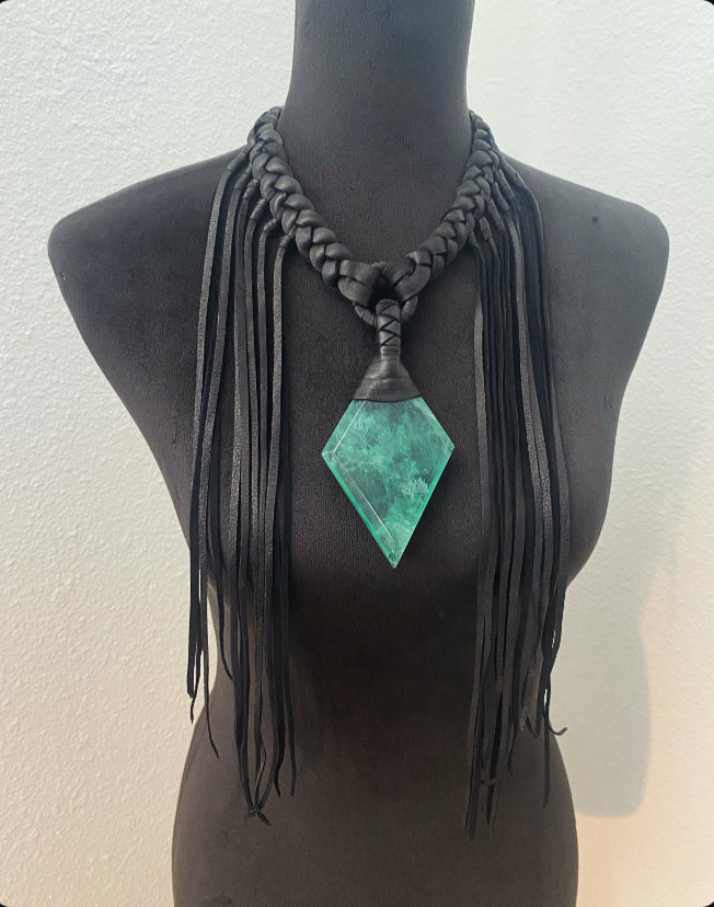 Black Leather & Diamond Fluorite Fringe Necklace