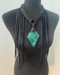 Black Leather & Diamond Fluorite Fringe Necklace