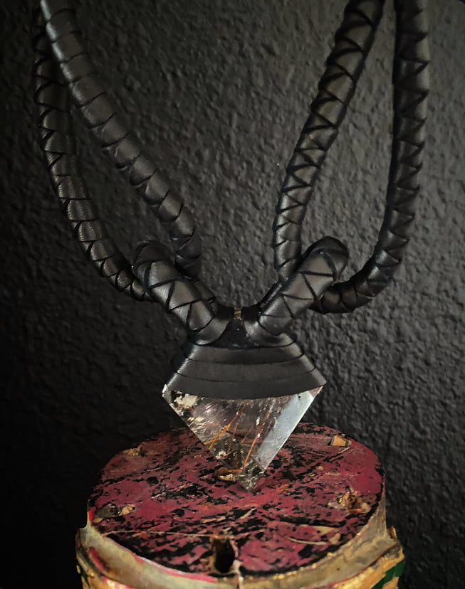 A Black Leather Choker & Rutilated Quartz