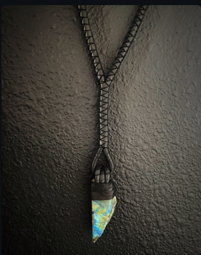 A Black Leather Rope & Labradorite Necklace