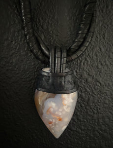 Black Leather & Flower Agate Twisted Necklace