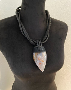 Black Leather & Flower Agate Twisted Necklace