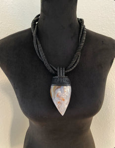 Black Leather & Flower Agate Twisted Necklace