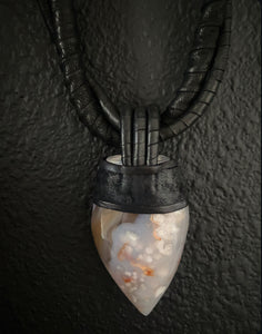 Black Leather & Flower Agate Twisted Necklace