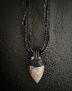 Black Leather & Flower Agate Twisted Necklace