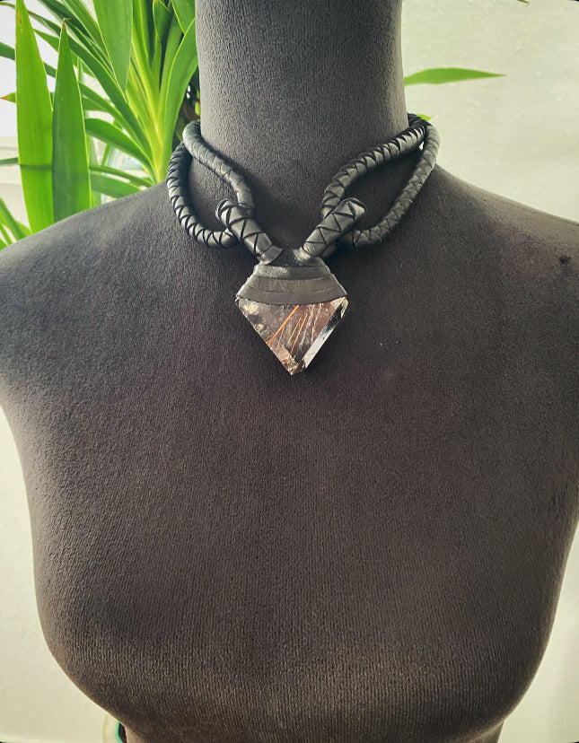 Black Leather Choker & Rutilated Quartz