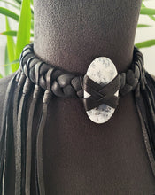 Load image into Gallery viewer, Black Leather &amp; Dendritic Opal Fringe Necklace