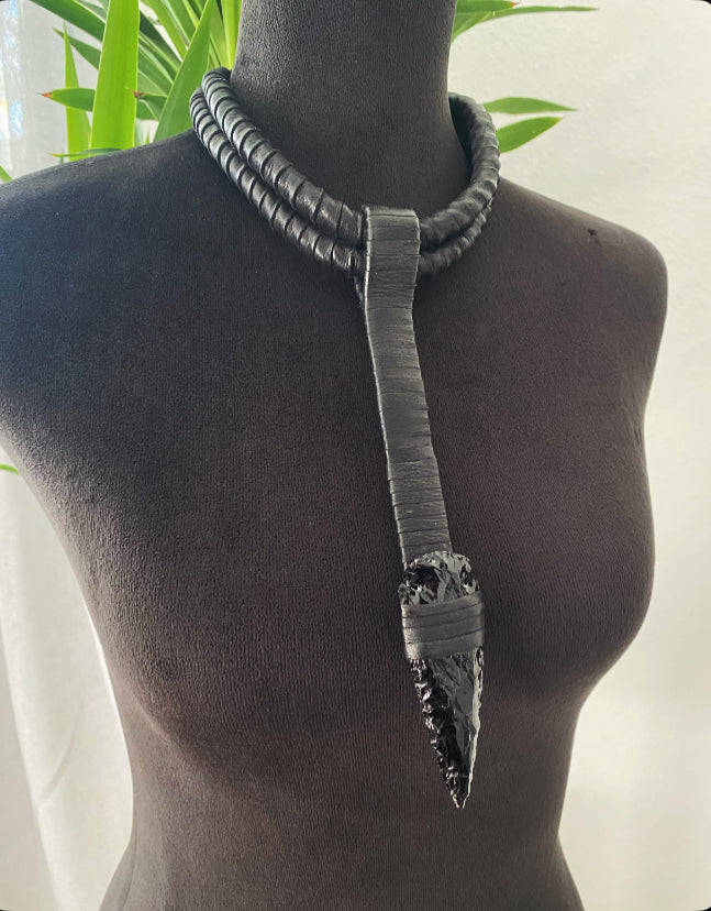 Black Leather & Black Obsidian Choker Necklace