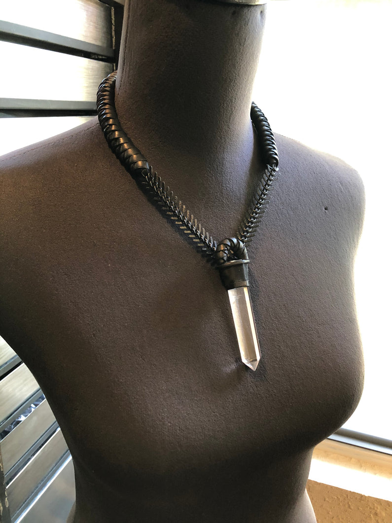 Chain & Clear Quartz Necklace w/ Leather