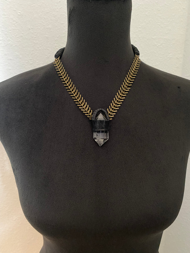 Black Leather & Chain Necklace w/ Quartz (SALE)