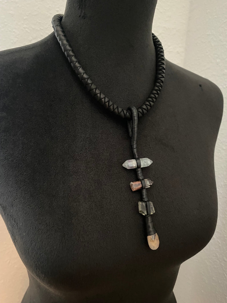 Black Leather & Quartz Drop Necklace (SALE)