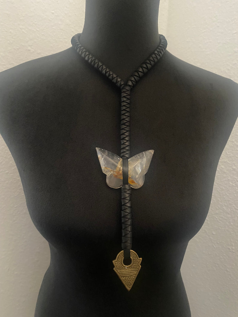Black Leather & Butterfly Quartz Necklace (SALE)