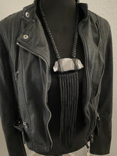 Load image into Gallery viewer, Black Leather Fringe Necklace w/ Selenite